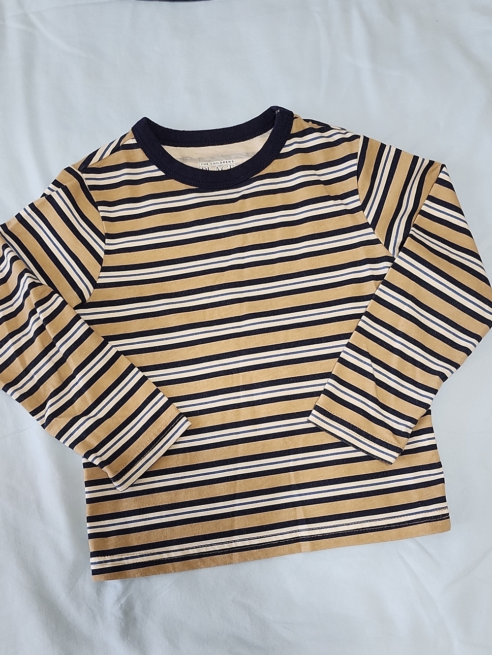 3 Carter's Kids Long-Sleeve Striped Tees — Navy, Tan & White - Picture 2 of 4